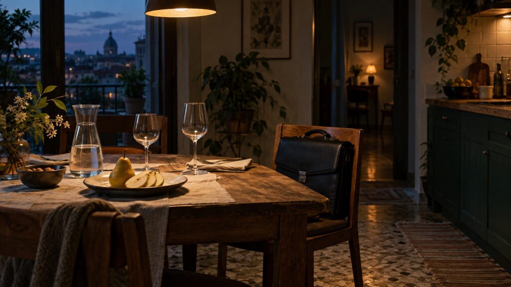 Una borsa da lavoro occupa una sedia accanto a un tavolo apparecchiato per la cena, nella luce calda della cucina.