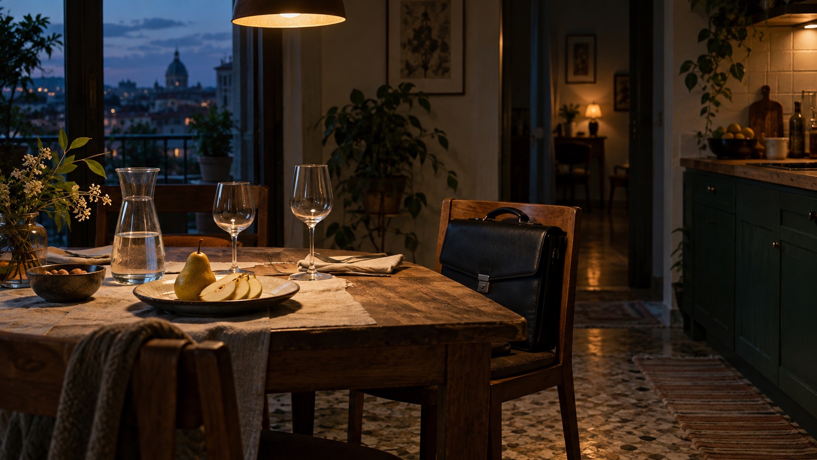 Una borsa da lavoro occupa una sedia accanto a un tavolo apparecchiato per la cena, nella luce calda della cucina.