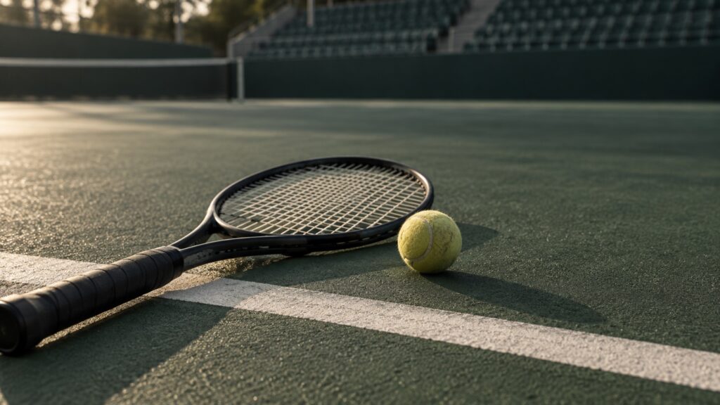 Racchetta e pallina da tennis accanto alla linea di fondo, con le tribune vuote sullo sfondo.