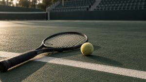 Racchetta e pallina da tennis accanto alla linea di fondo, con le tribune vuote sullo sfondo.