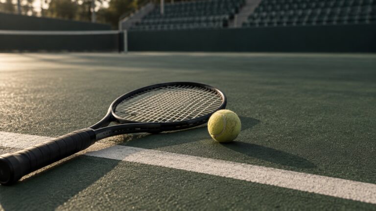 Racchetta e pallina da tennis accanto alla linea di fondo, con le tribune vuote sullo sfondo.