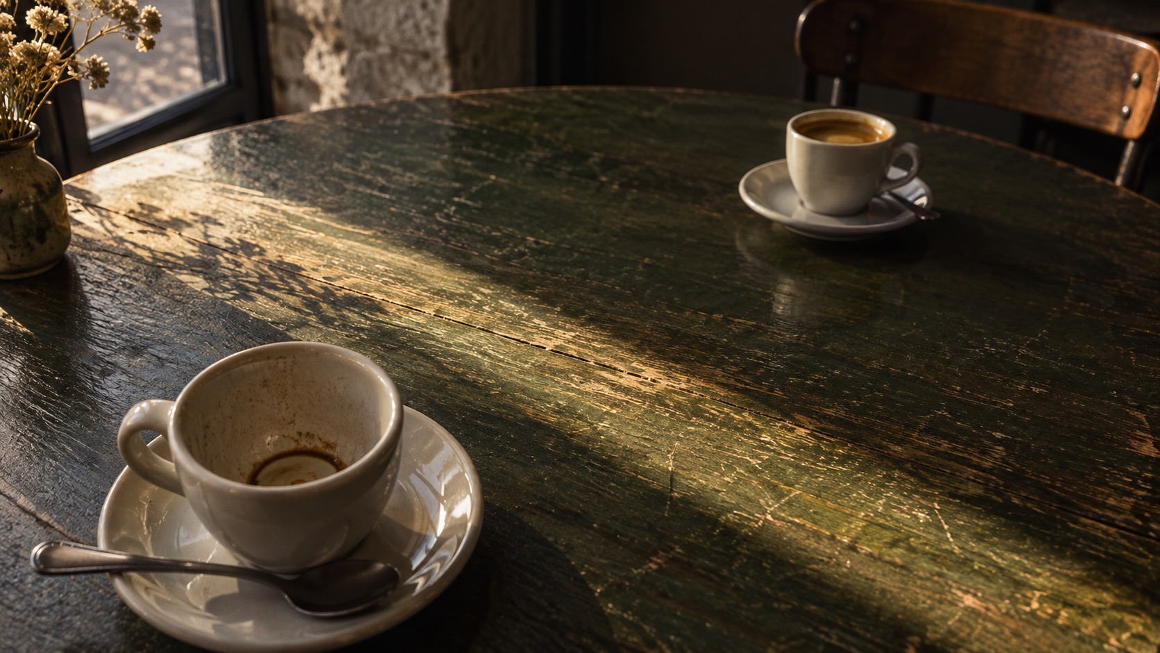 Due tazze da caffè distanti su un tavolo verde: quella in primo piano è vuota, quella accanto alla sedia è ancora piena.